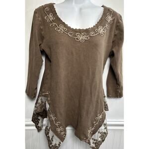 Inca Cotton Blouse Top Womens L Crochet Fairy Earthy Cottagecore Brown Y2K Boho